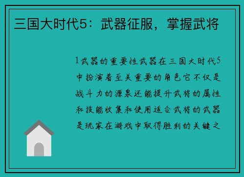 三国大时代5：武器征服，掌握武将