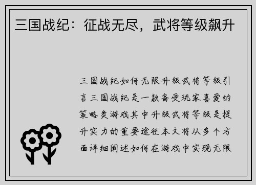 三国战纪：征战无尽，武将等级飙升